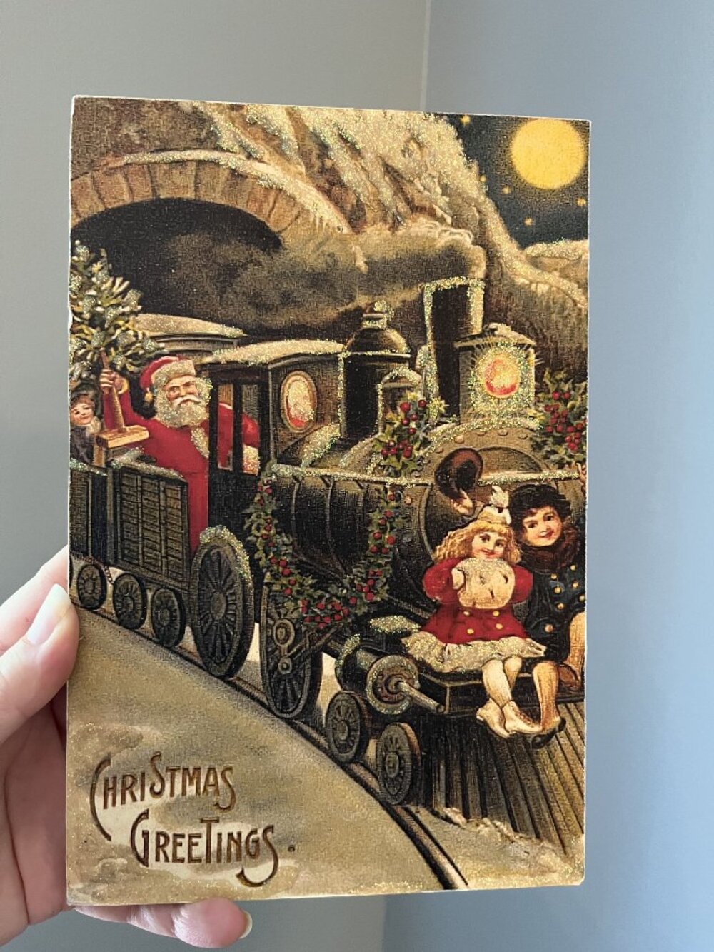 Vintage Christmas Train Scene Wall Plaque With Glitter Accents - Santa Children
